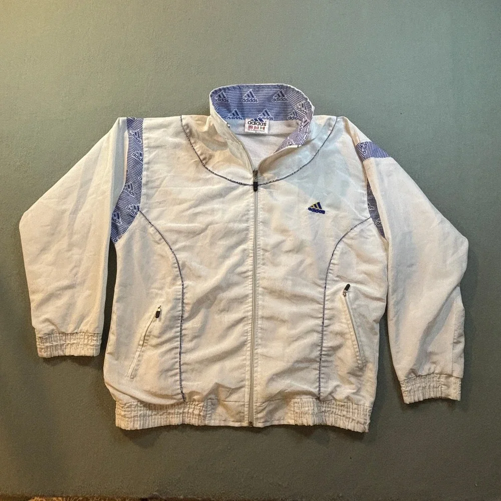 VTG 90s Adidas Windbreaker Jacket Mens M White Blue 3 Flag Tag Track Jacket